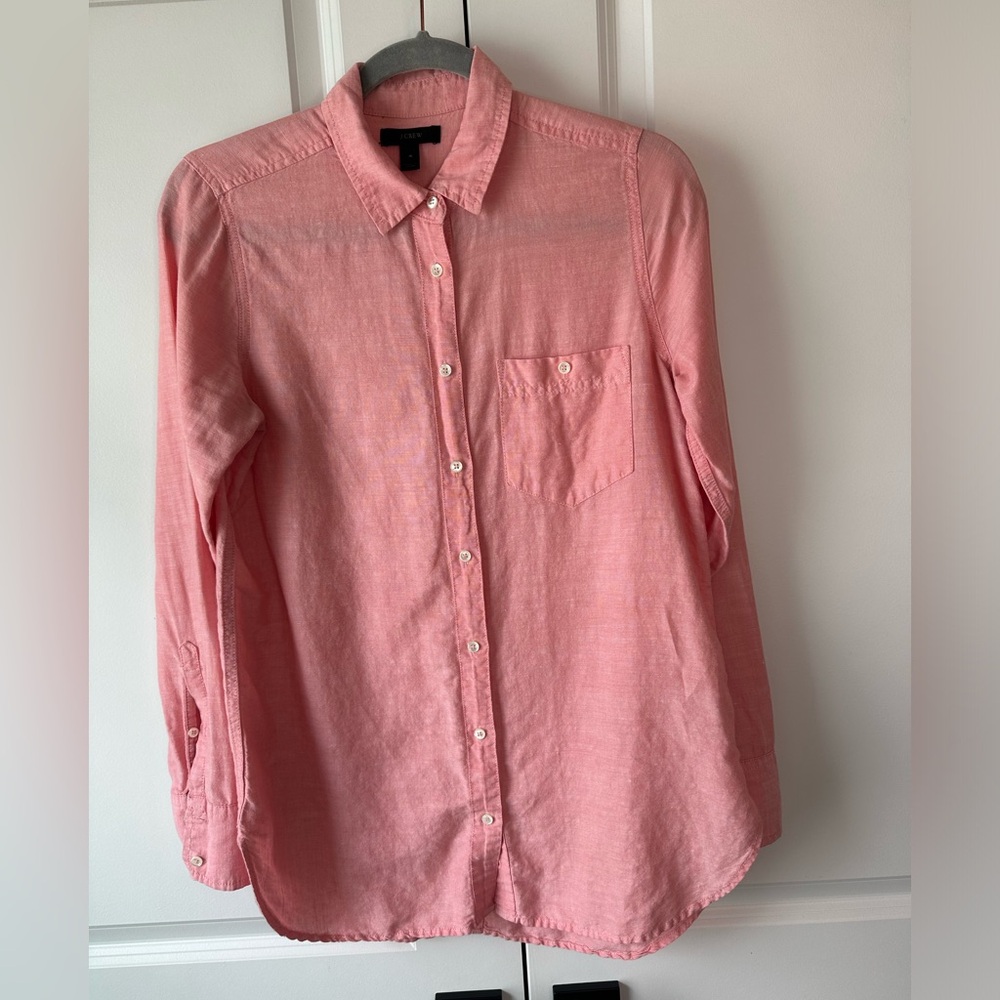 J.Crew Women’s Long Cotton-Linen Boy Shirt Crosshatch Pink (Size 4)